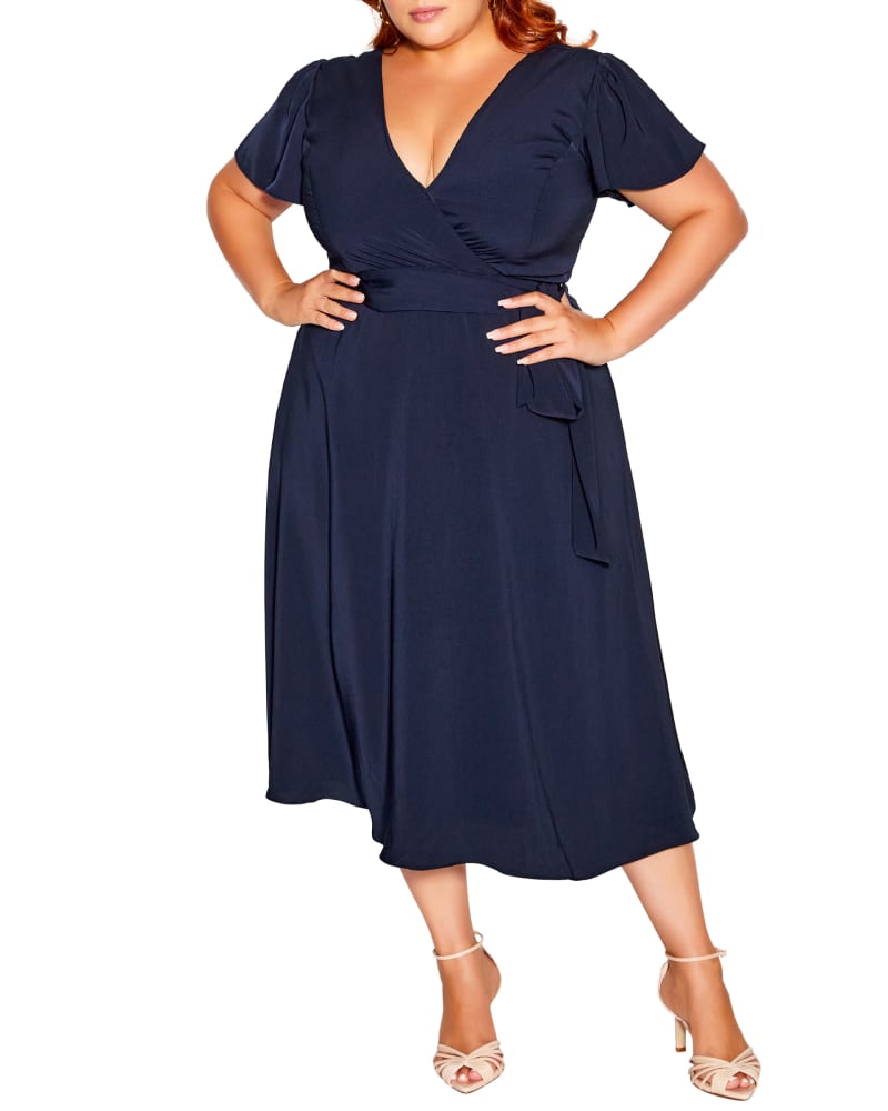 Front of a model wearing a size XXS Belted Garden Dress in Navy by City Chic. | dia_product_style_image_id:266057